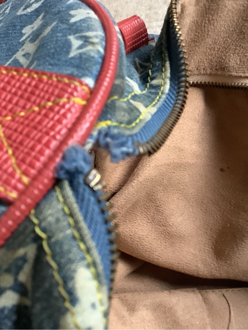 Denim and white, handbag. Red trim.  Signs of use. - Picture 9 of 16